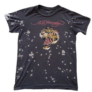 Ed Hardy Vintage Charcoal Tatton Tiger  Splatter Tee OG Single Stitch